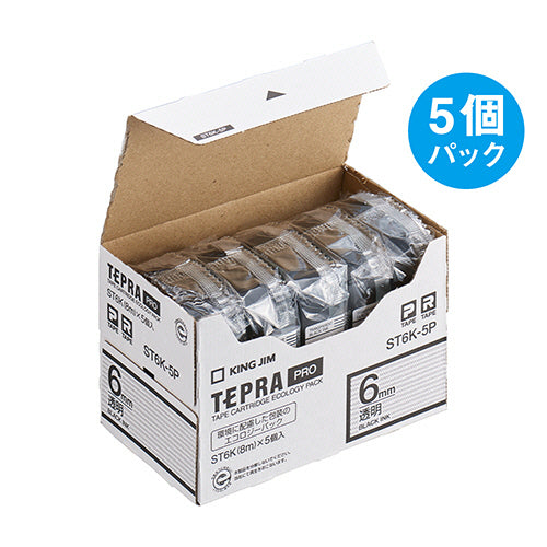 キングジム テプラ ＰＲＯ テープカートリッジ ６ｍｍ 透明／黒文字 ＳＴ６Ｋ－５Ｐ １パック（５個）