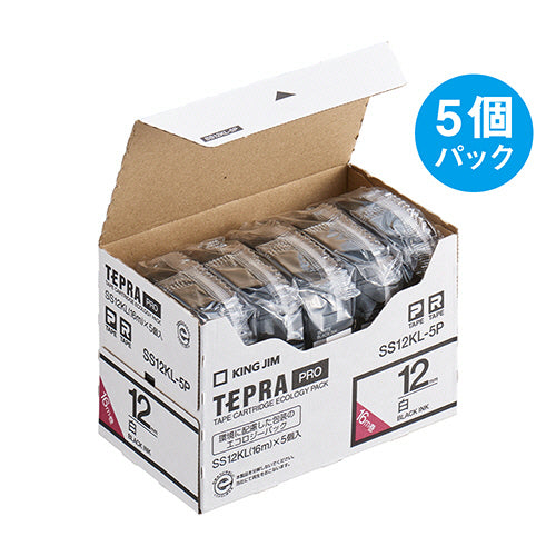 キングジム テプラ ＰＲＯ テープカートリッジ ロングタイプ １２ｍｍ 白／黒文字 ＳＳ１２ＫＬ－５Ｐ １パック（５個）