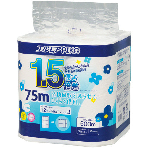 ｴﾙﾓｱ ﾋﾟｺ 1.5倍巻ﾄｲﾚｯﾄﾛｰﾙ 花の香り ｼﾝｸﾞﾙ 75m 1ｾｯﾄ(64ﾛｰﾙ:8ﾛｰﾙ×8ﾊﾟｯｸ)